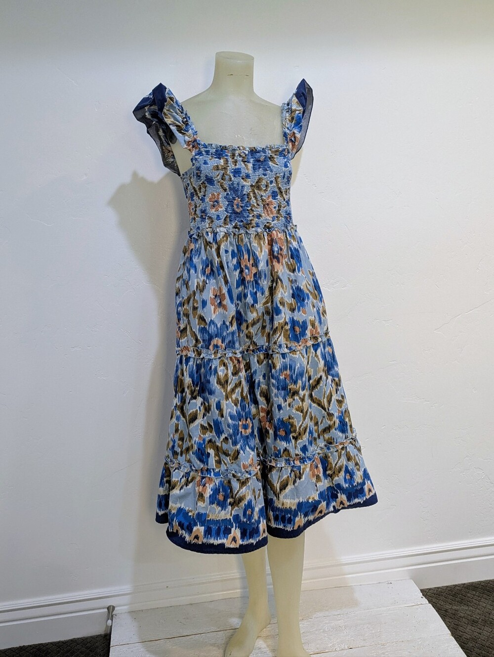 House Of Harlow Blue Floral Tiered Dress with Ruffle Straps